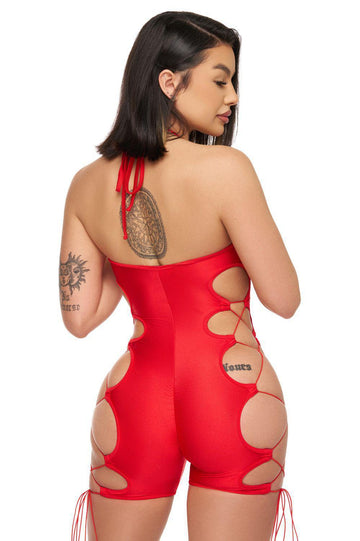 Mono rojo con cuello halter y cordones